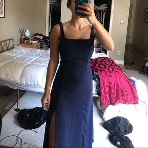 Blue square neck midi dress with slit